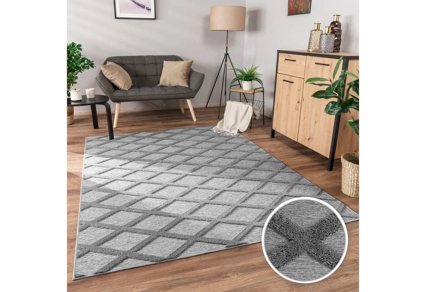 PACO HOME Teppich Utrecht 642 Grau 3D-Rautenmuster Kurzflor - Bild 2