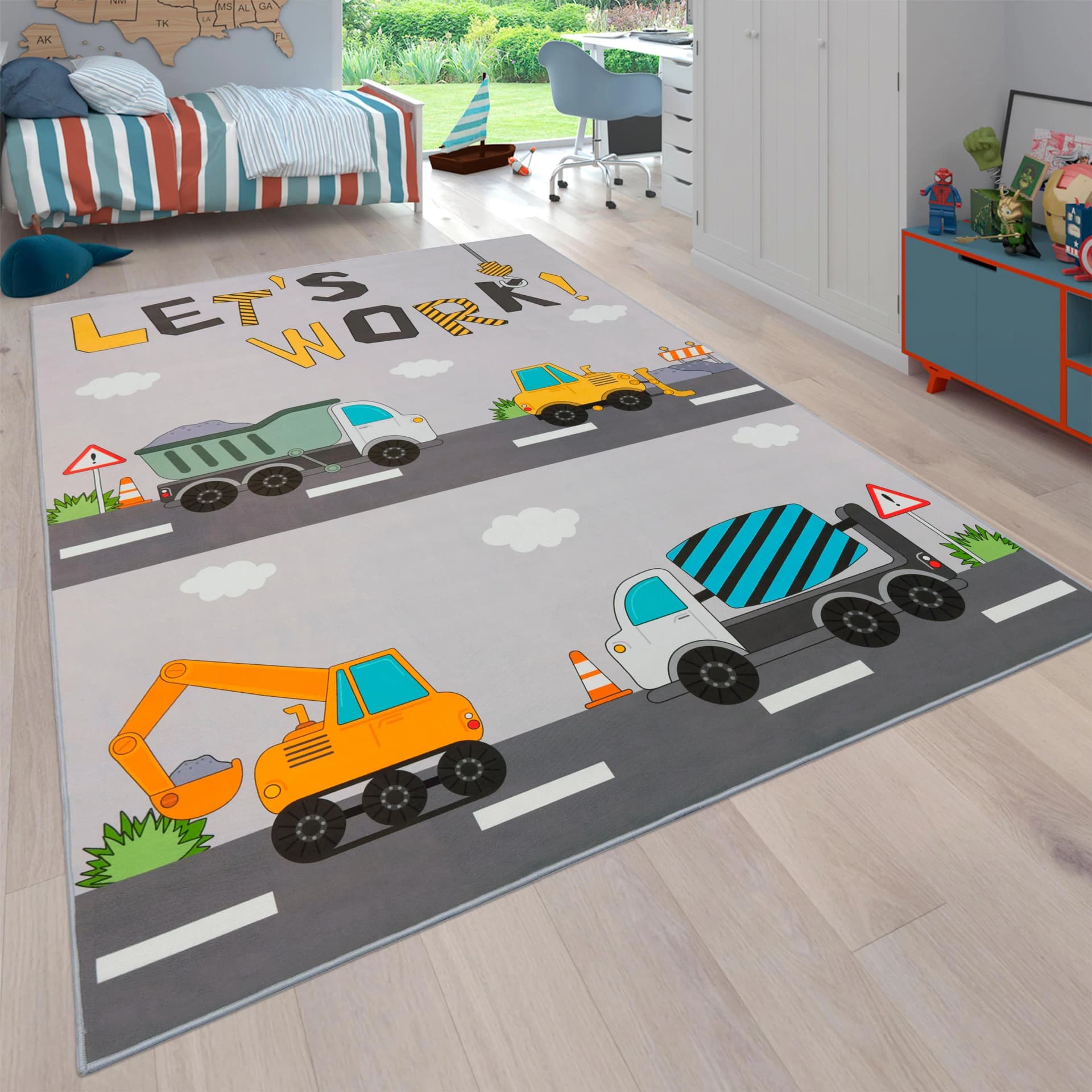 PACO HOME Kinderteppich Bino 578 Grau Autos & Baustelle