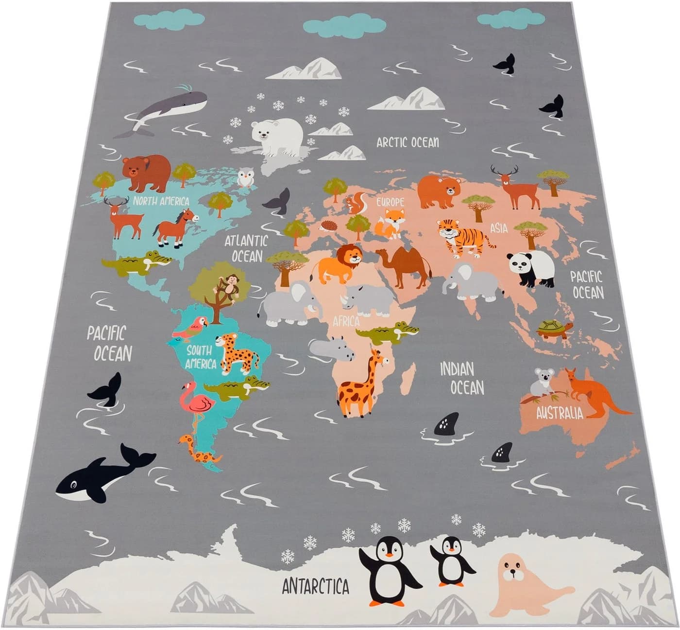 PACO HOME Kinderteppich Bino 581 Grau Weltkarte Motiv