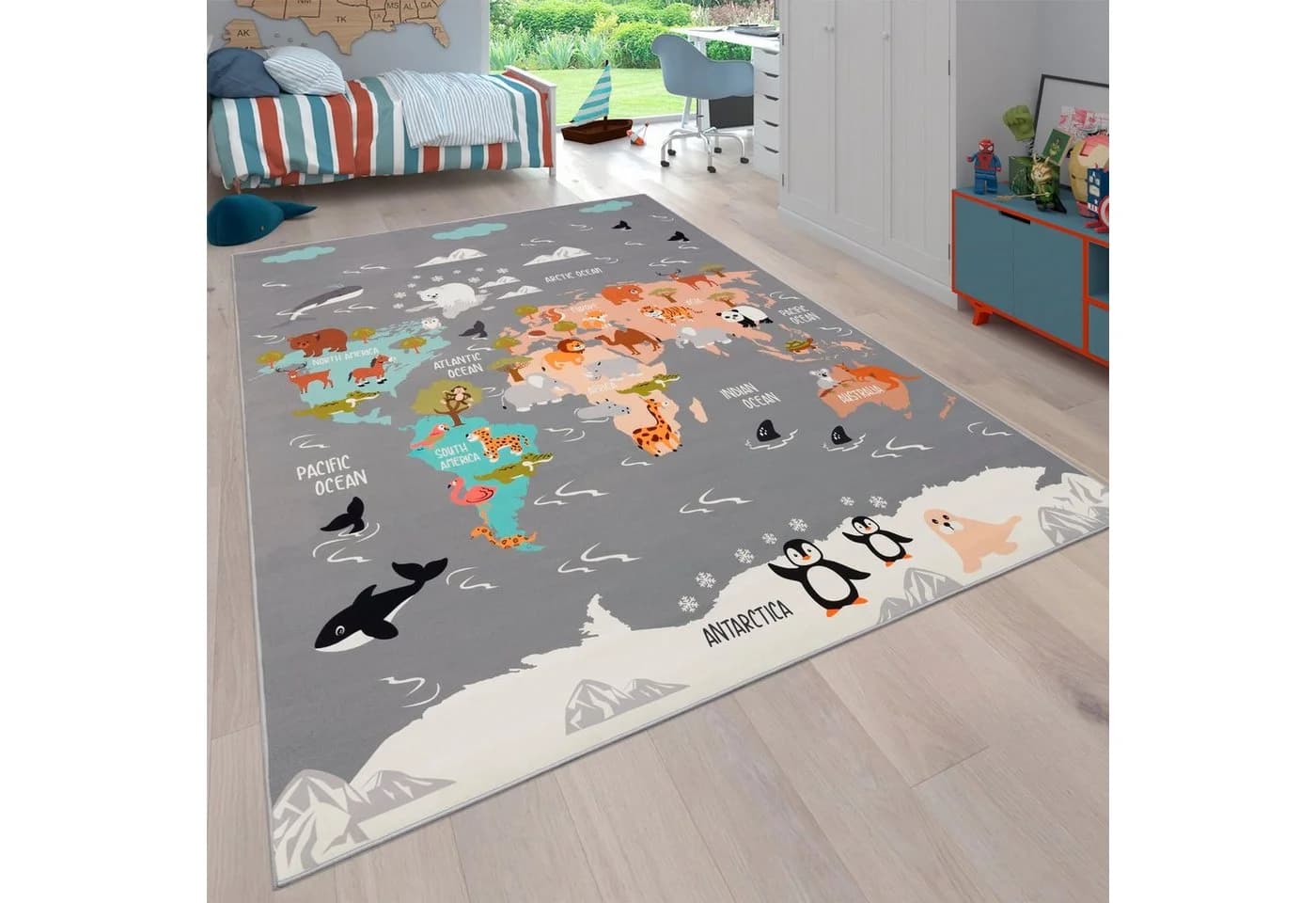 PACO HOME Kinderteppich Bino 581 Grau Weltkarte Motiv - Bild 2