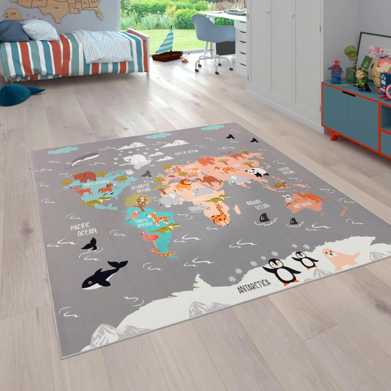 PACO HOME Kinderteppich Bino 581 Grau Motiv Weltkarte