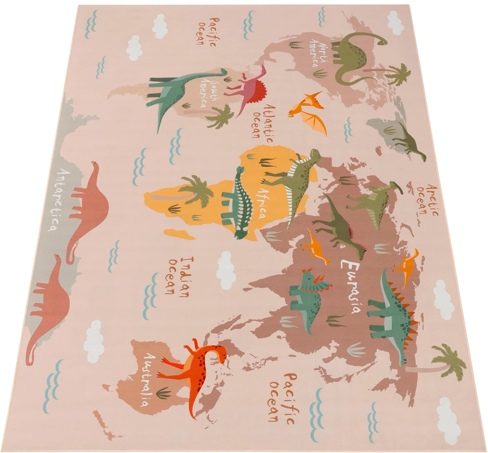 Paco Home Kinderteppich Bino 583 Weltkarte & Dinosaurier