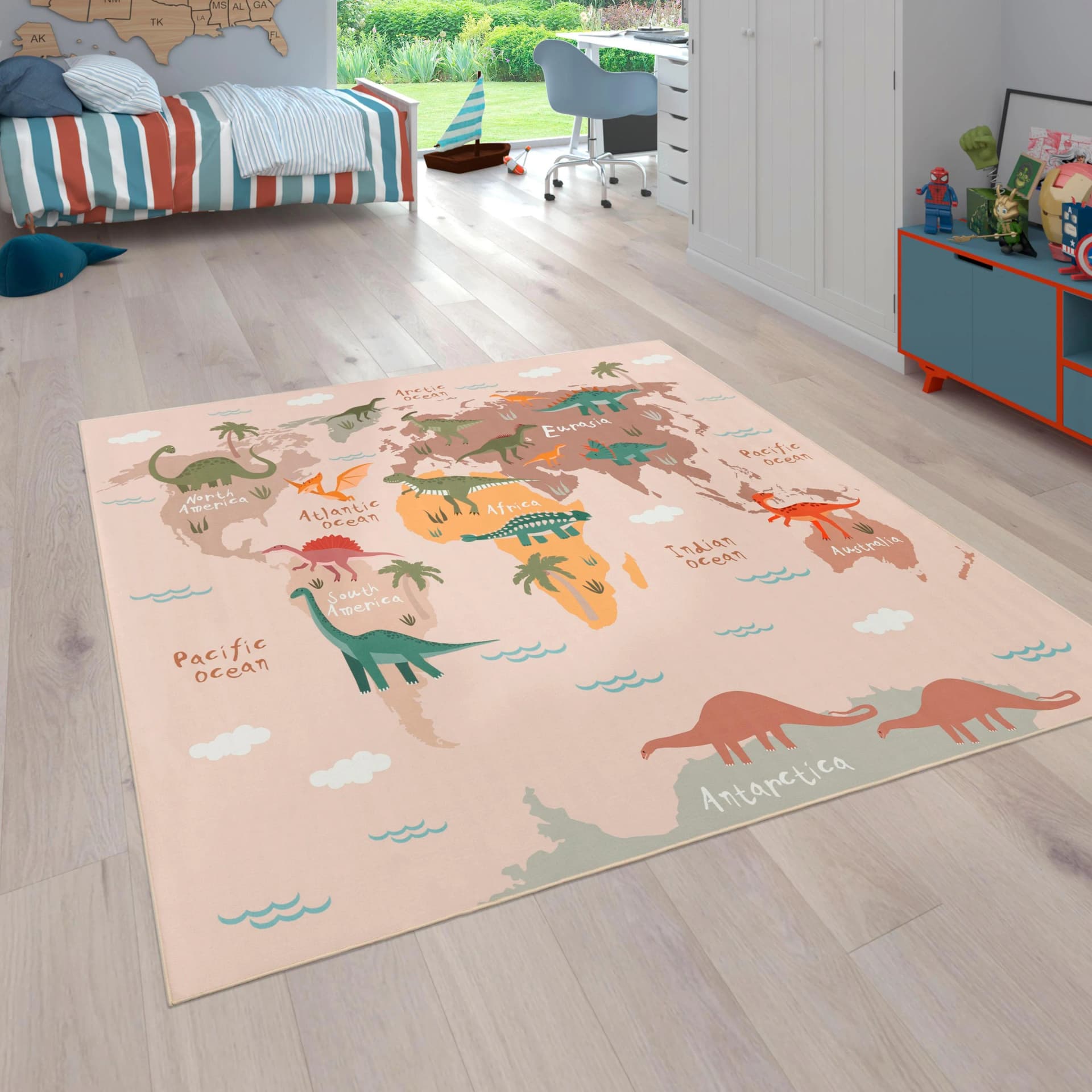 PACO HOME Kinderteppich Bino 583 Beige Weltkarte Dinosaurier