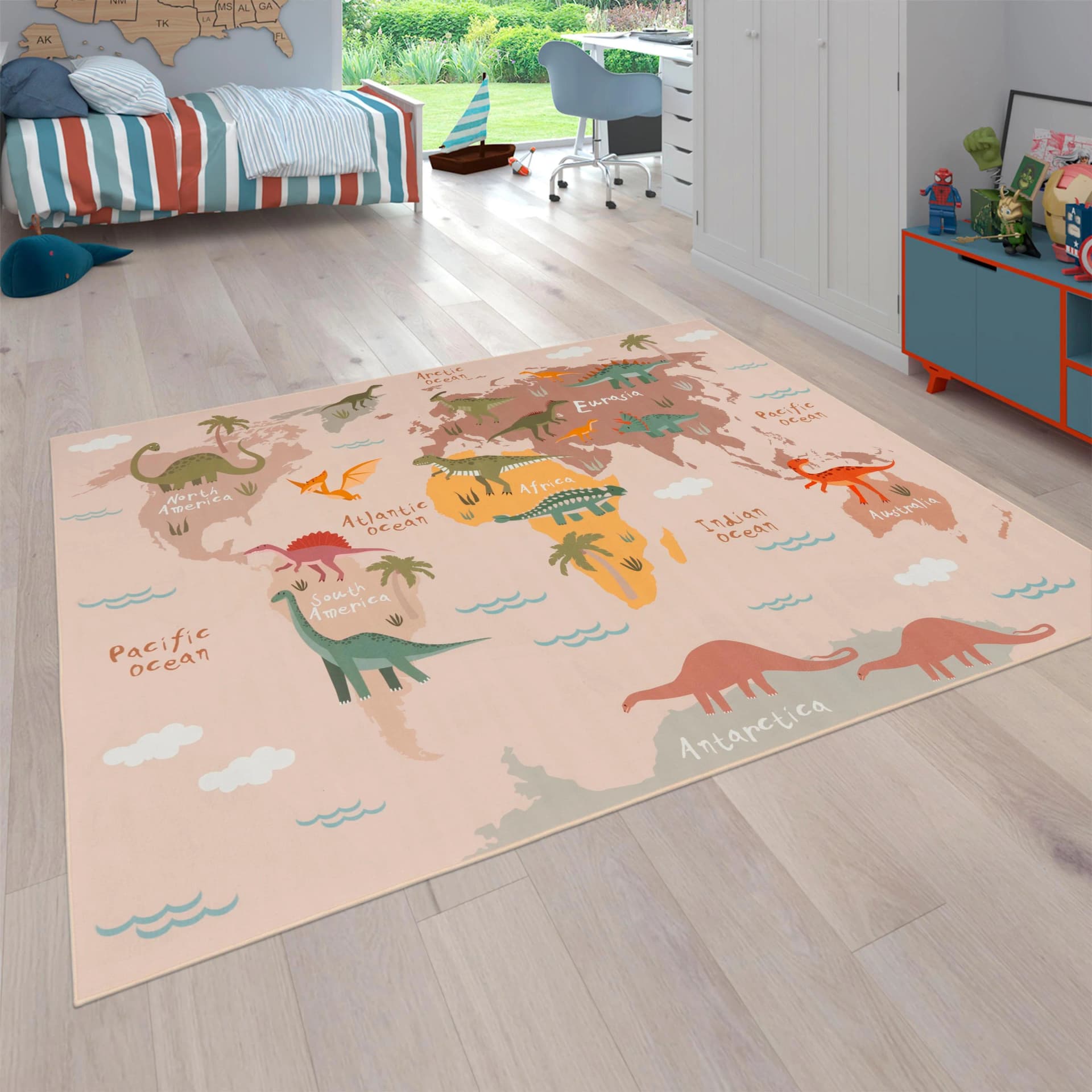 Paco Home Kinderteppich Bino 583 Beige Weltkarte & Dinosaurier