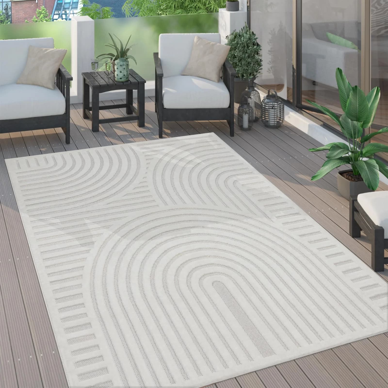 PACO HOME Teppich Livorno 674 Creme Hoch-Tief-Effekt Outdoor