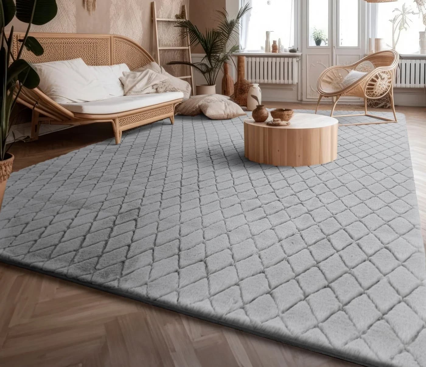 PACO HOME Hochflor-Teppich Arnheim Grau Rauten-Muster