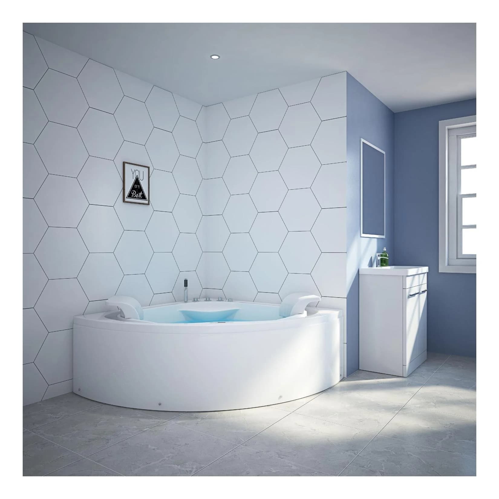 TroniTechnik Whirlpool-Badewanne ANDROS 160x160 cm, Whirlpoolpumpe, 1-2 Personen, inkl. Zubehör, vormontierte Badewanne mit Unterwasser LED, Premium Whirlpoolpumpe, Unterwasser LED, Massagedüsen