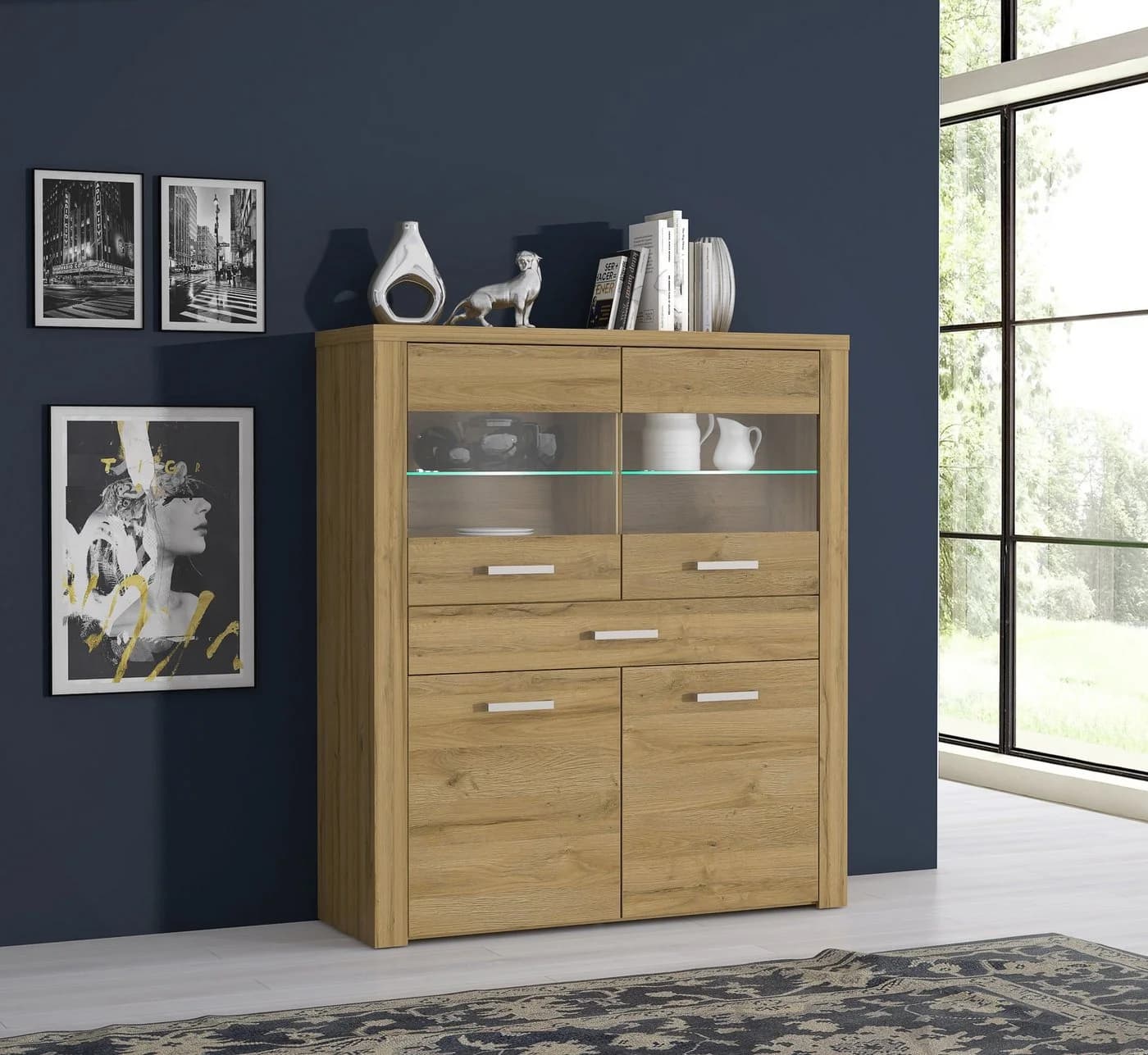 Newroom Vitrine Alteiche 127 cm Modern Highboard Sideboard Wohnzimmer