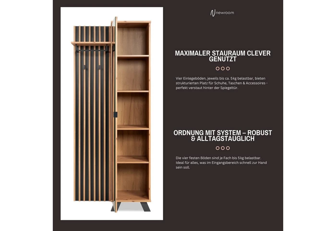Newroom Kompaktgarderobe Wildeiche Garderobe Schuhregal Flurgarderobe Modern Vintage - Bild 5