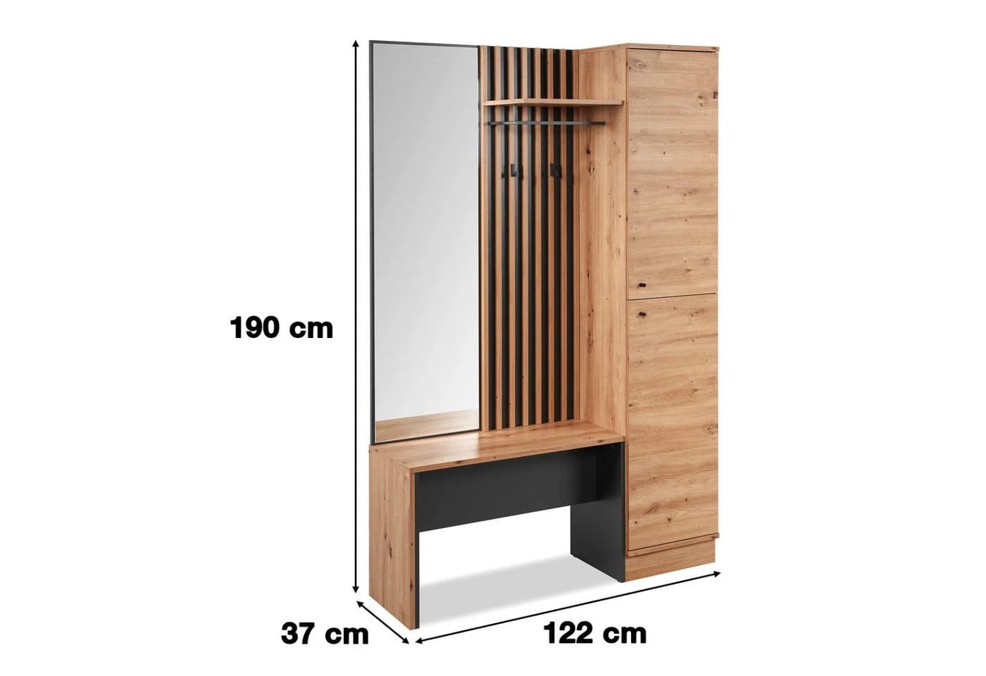 Newroom Kompaktgarderobe Barea Wildeiche Anthrazit mit Bank und Spiegel