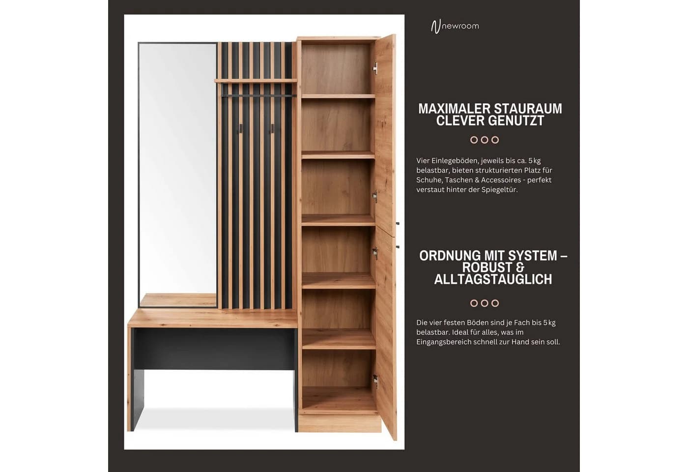 Newroom Kompaktgarderobe Barea Wildeiche Anthrazit mit Bank und Spiegel - Bild 3
