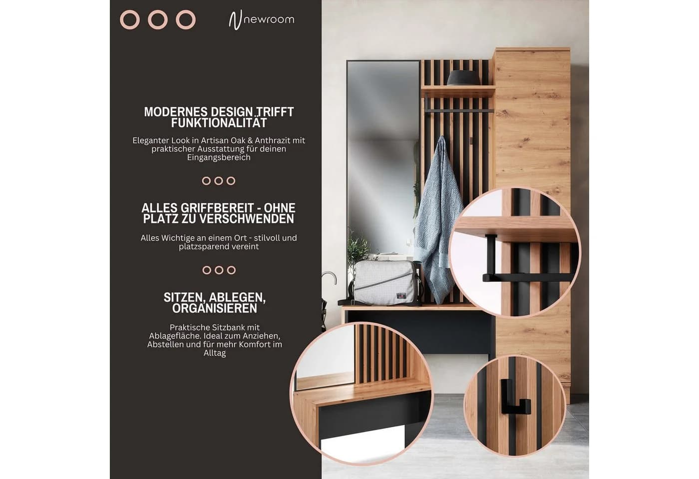 Newroom Kompaktgarderobe Barea Wildeiche Anthrazit mit Bank und Spiegel - Bild 4