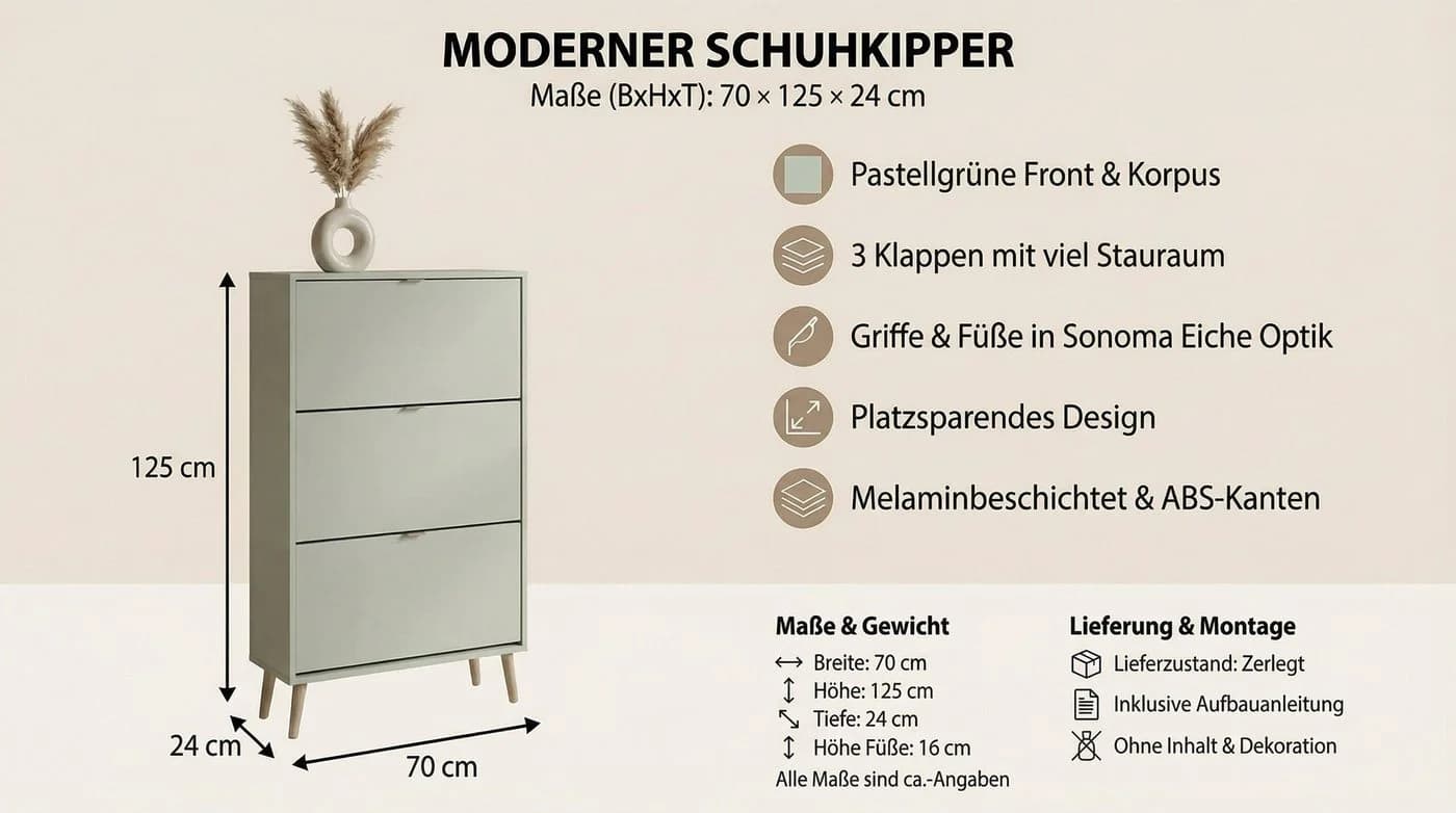 Newroom Schuhschrank Pastellgrün 3 Klappen schmal - Bild 4