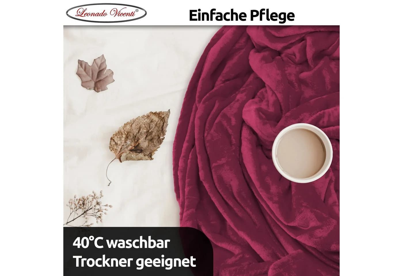 Leonado Vicenti Wohndecke 2er Pack Kuschelig Warm Bordeaux Fleece - Bild 4