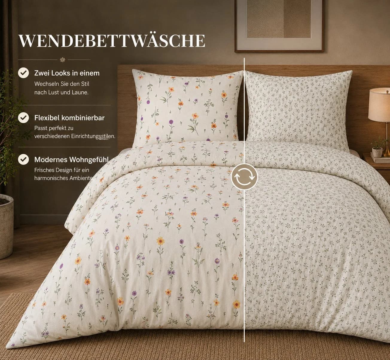Leonado Vicenti Wendebettwäsche 200x220 Beige Blumen Renforcé 3-teilig - Bild 5