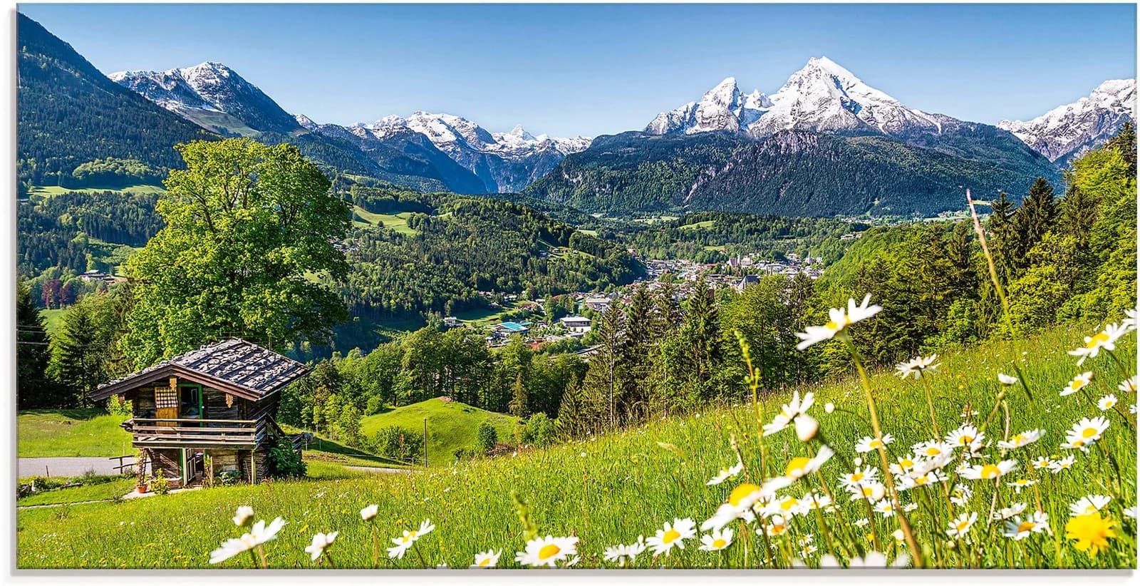 ARTLAND Glasbild Landschaft Bayerische Alpen Grün 100x50 cm