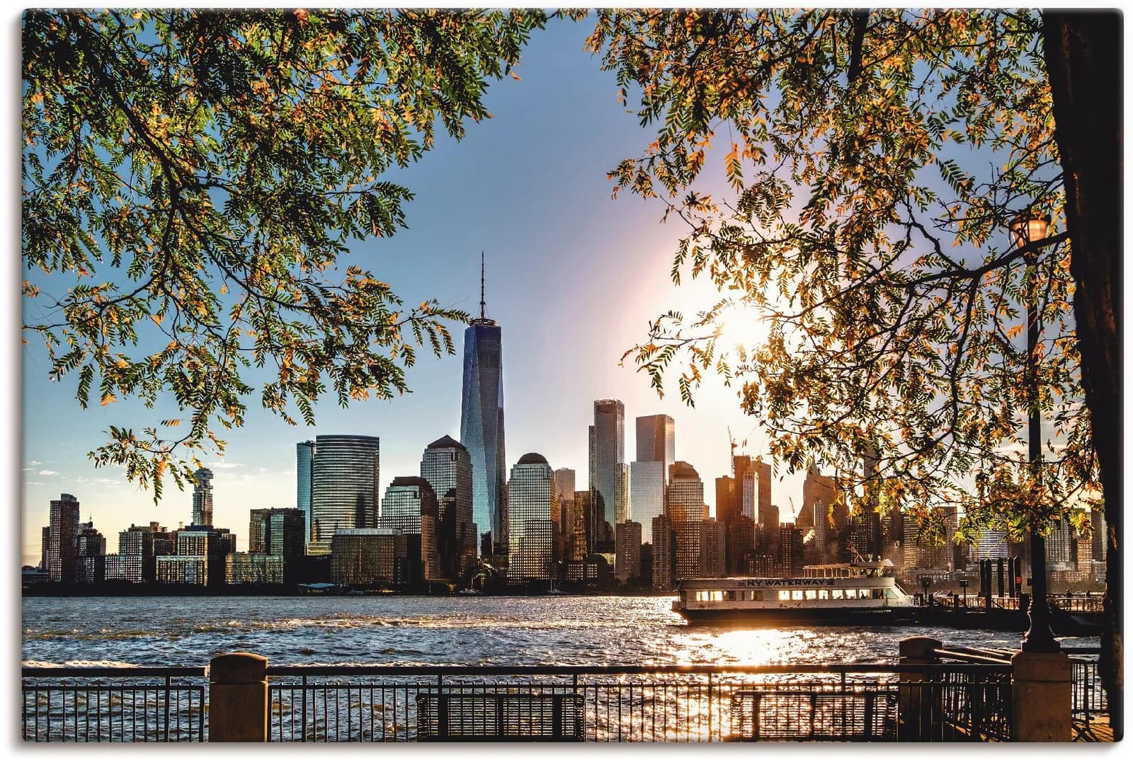 ARTLAND Leinwandbild Sonnenaufgang New York Blau 90x60 cm