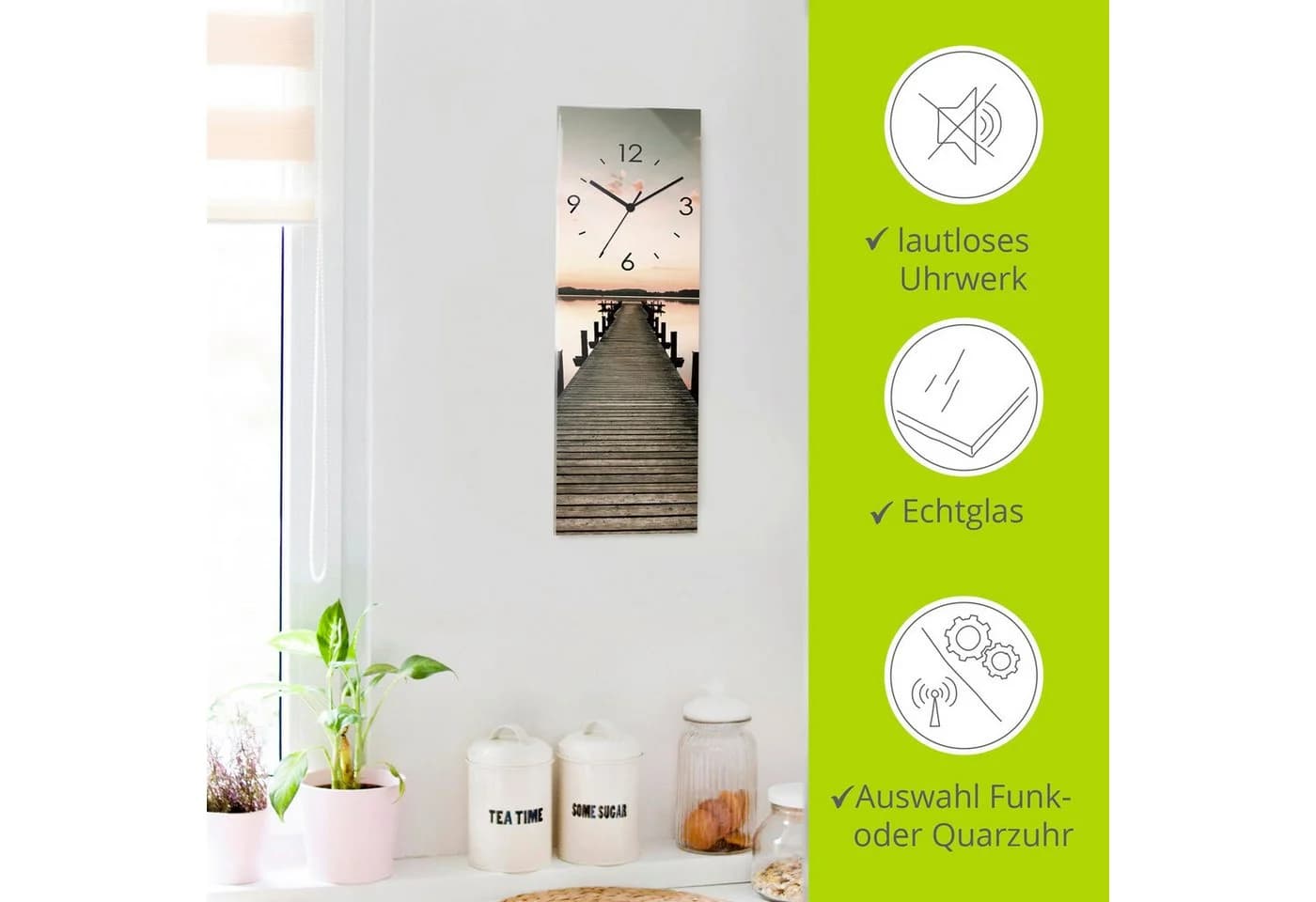 ARTLAND Wanduhr Langer Pier Sonnenaufgang Glas Beige Funkuhrwerk Lautlos - Bild 4