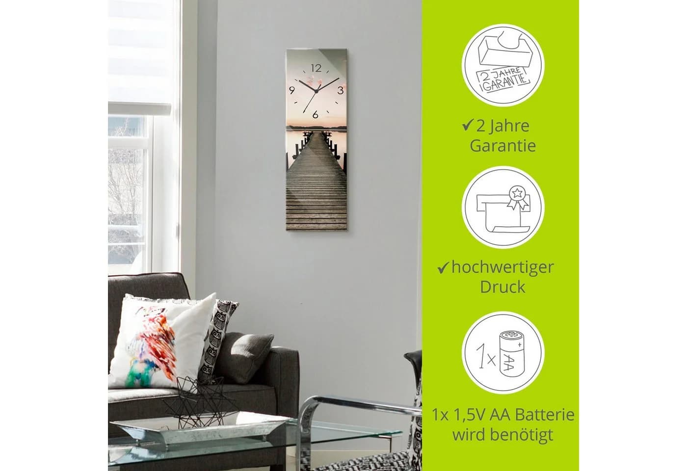 ARTLAND Wanduhr Langer Pier Sonnenaufgang Glas Beige Funkuhrwerk Lautlos - Bild 5