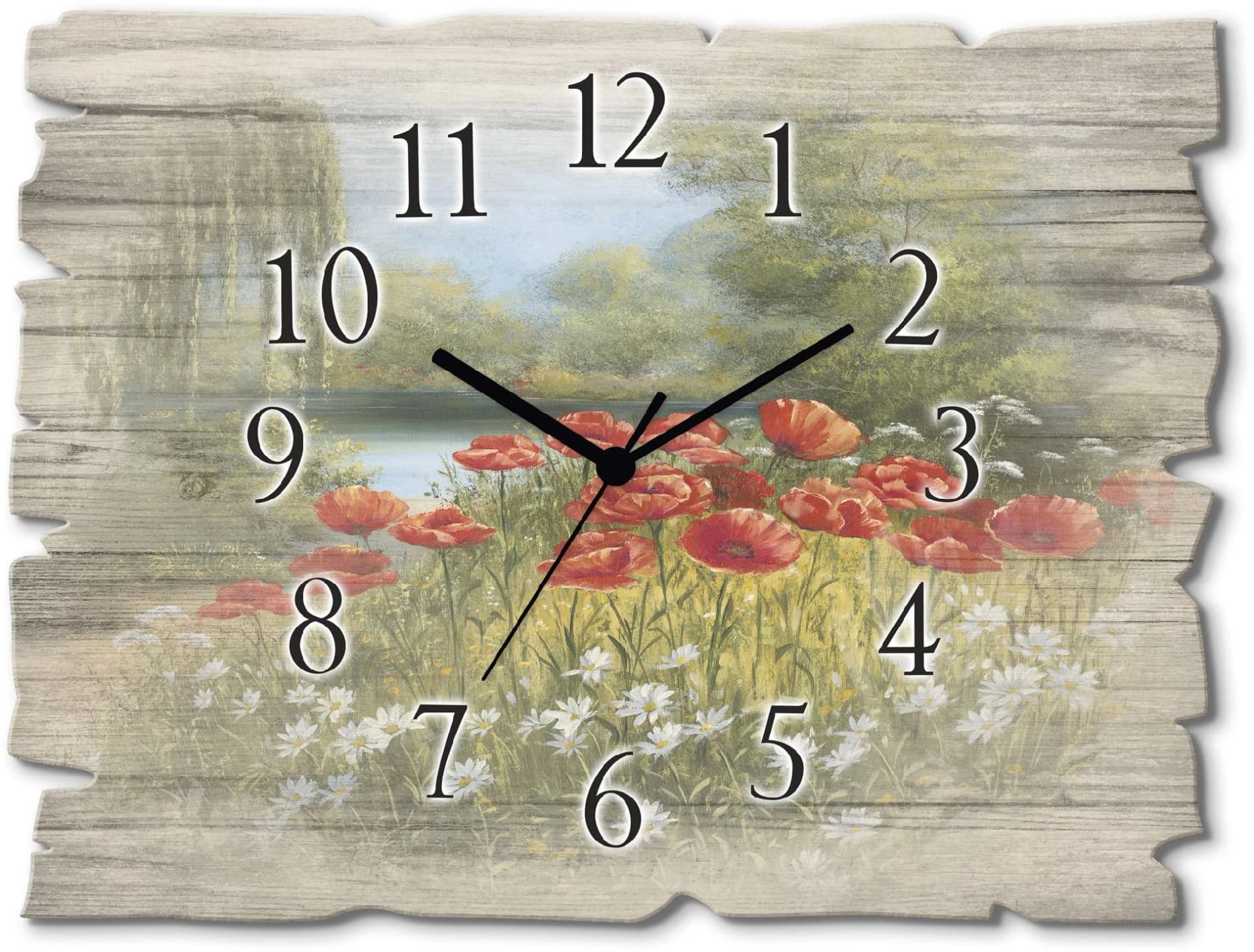 Artland Wanduhr Mohnwiese Grün Holz Vintage-Look Quarz oder Funkuhrwerk