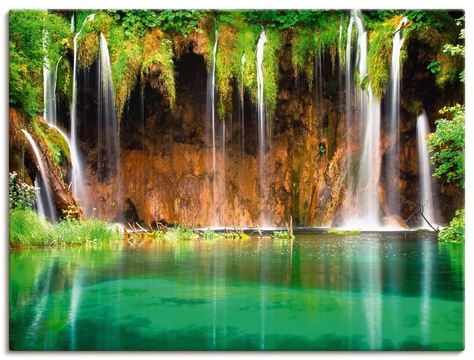 ARTLAND Wandbild Schöner Wasserfall im Wald Grün Leinwand