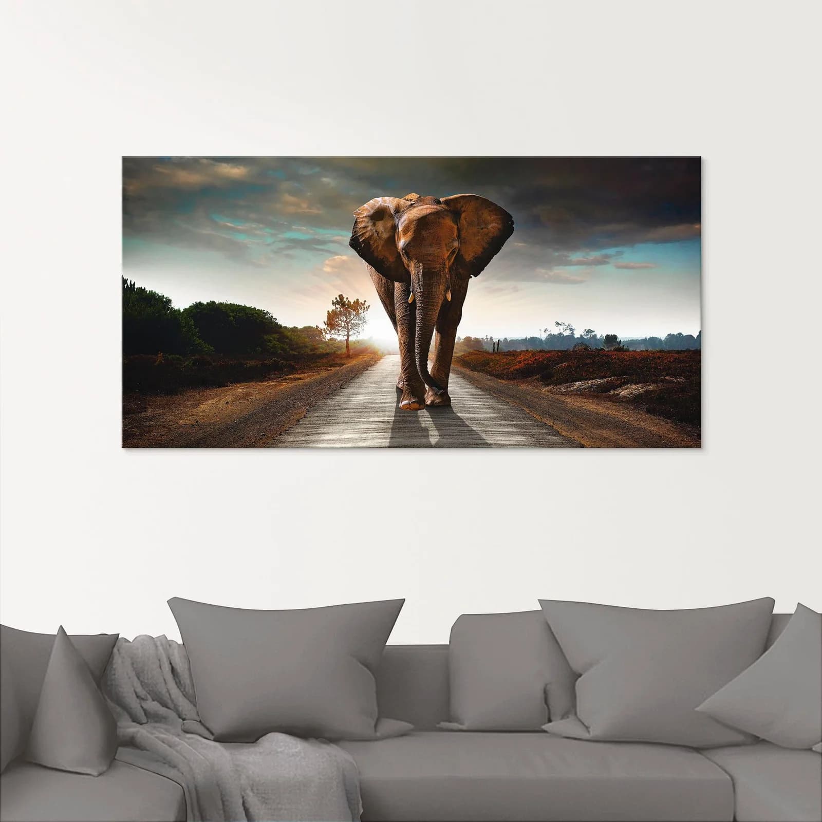 ARTLAND Glasbild Elefant auf der Straße Braun 100x50 cm