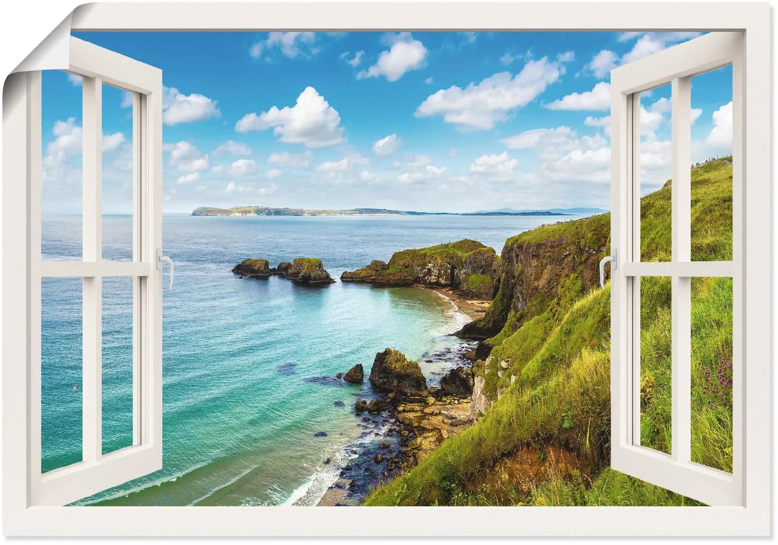 Artland Wandbild Küstenweg in Nordirland durchs Fenster Grün Leinwand