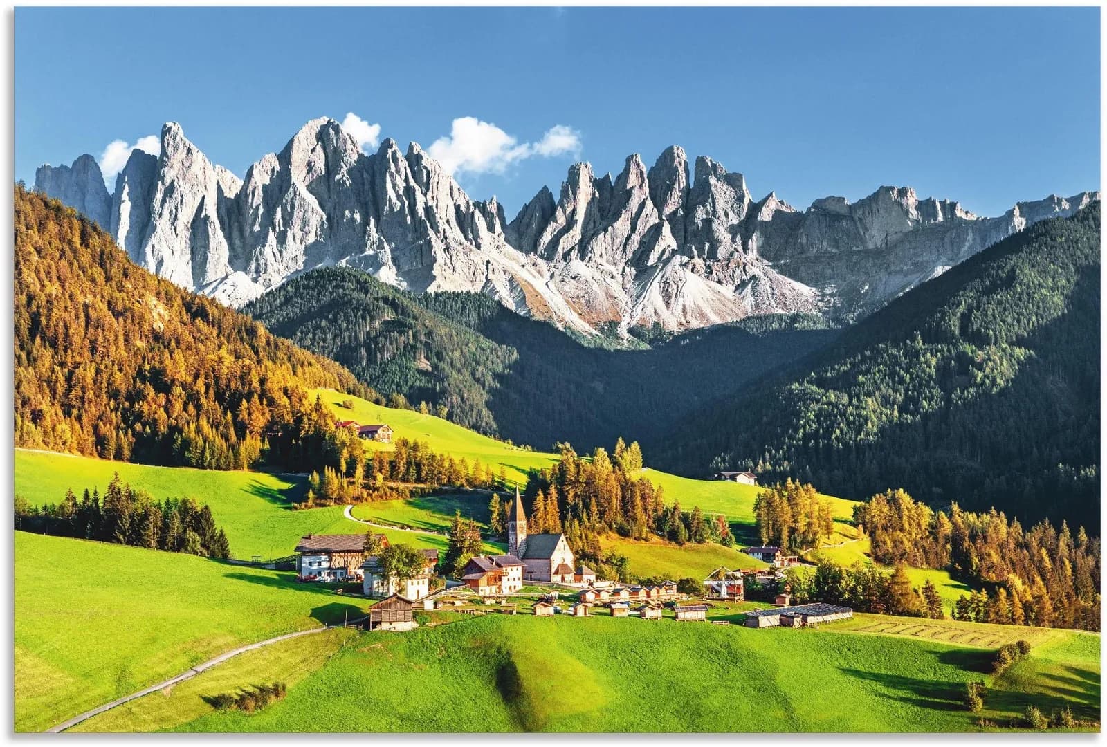 ARTLAND Wandbild Alpen Berge Santa Maddalena Grün Querformat