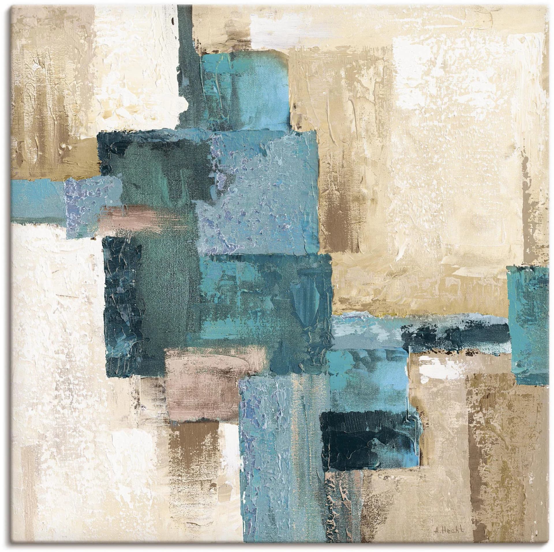 ARTLAND Wandbild Abstrakte Karos Beige-Türkis Leinwandbild 100x100cm