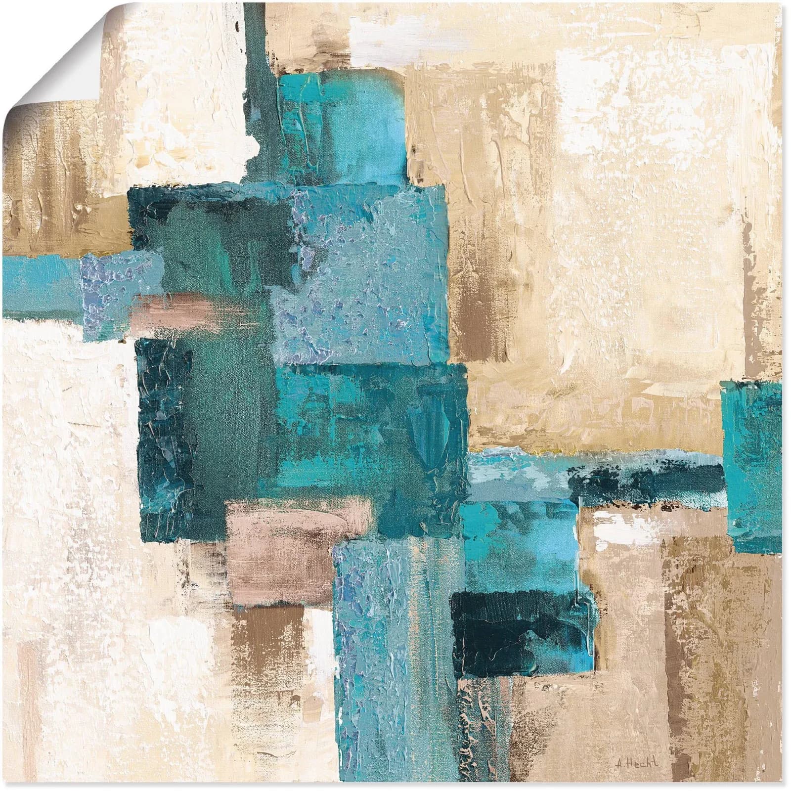 ARTLAND Wandbild Abstrakte Karos Beige-Türkis Blau 40x40 cm Leinwand