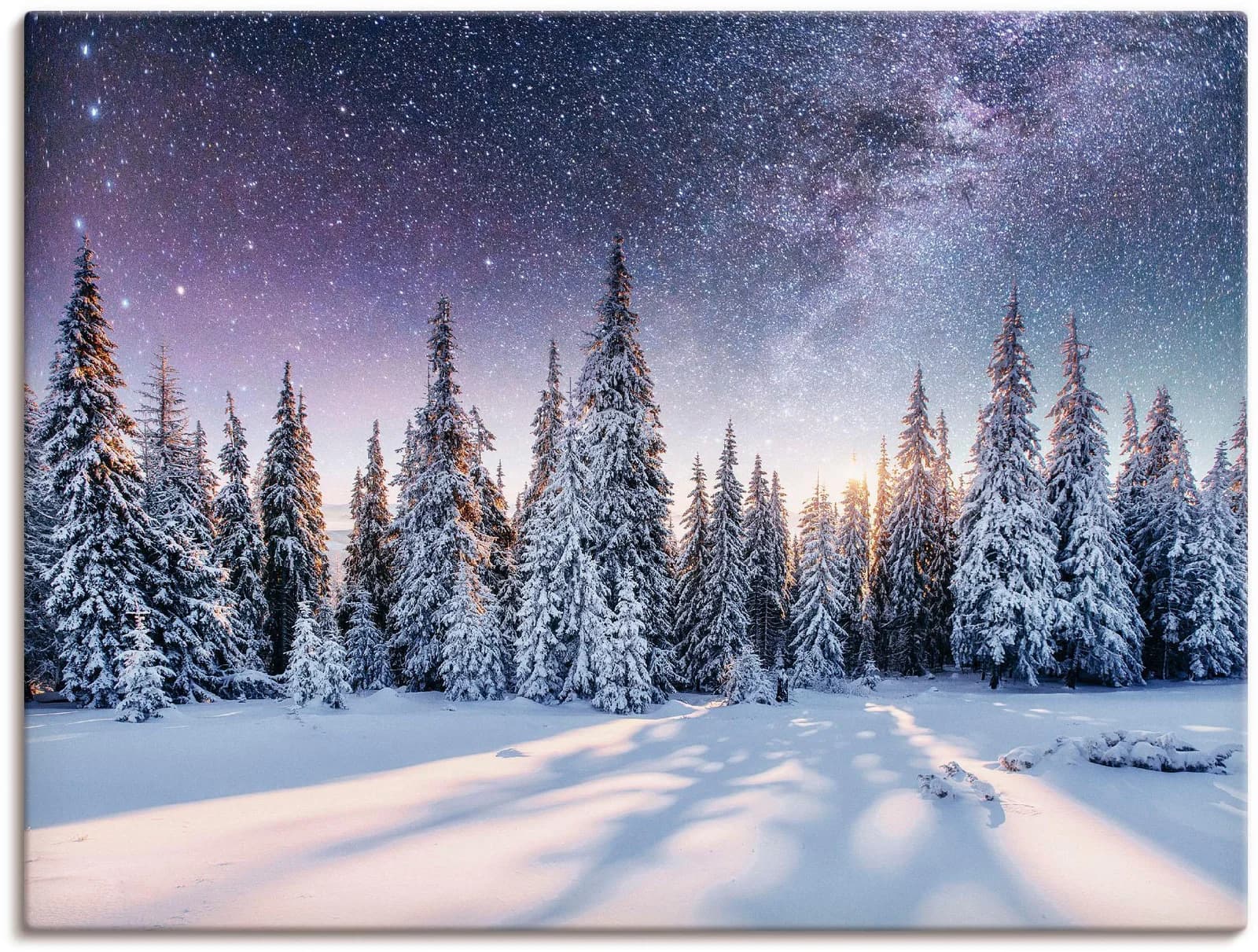 ARTLAND Wandbild Tannenwald im Schnee Blau Leinwand Poster