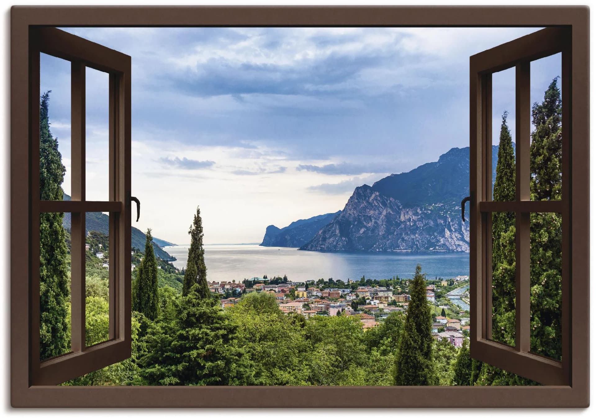 ARTLAND Wandbild Gardasee durchs braune Fenster Grün
