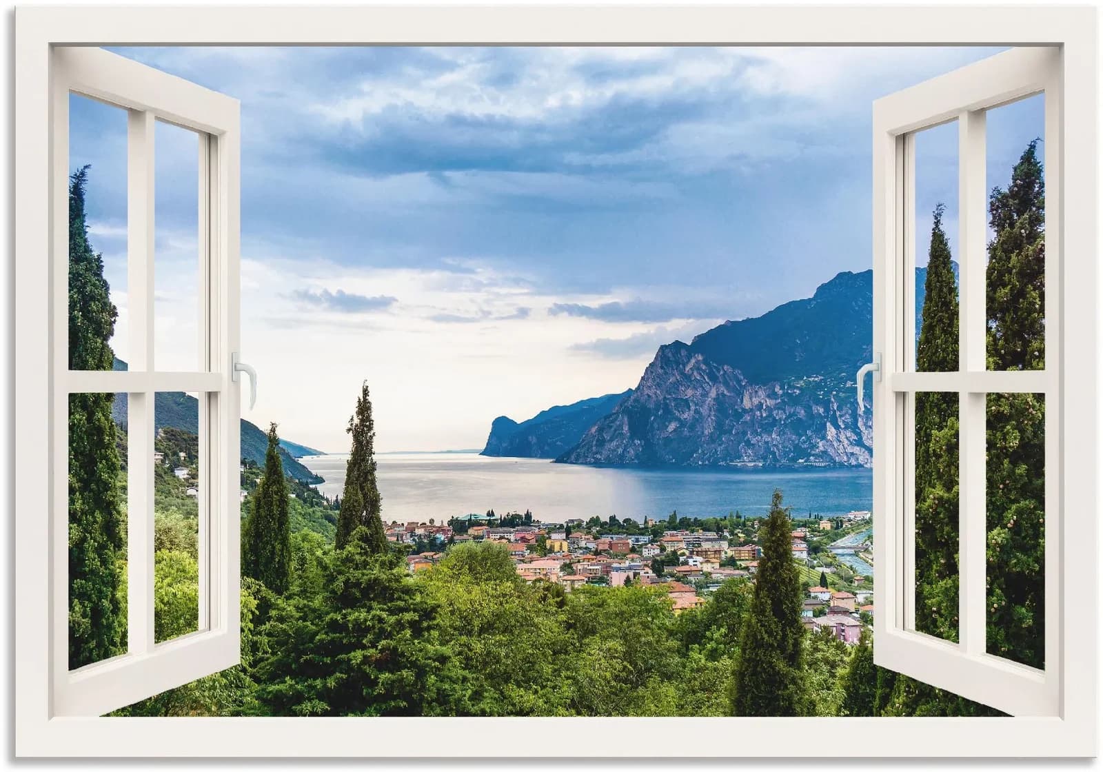ARTLAND Wandbild Gardasee durchs weiße Fenster Grün
