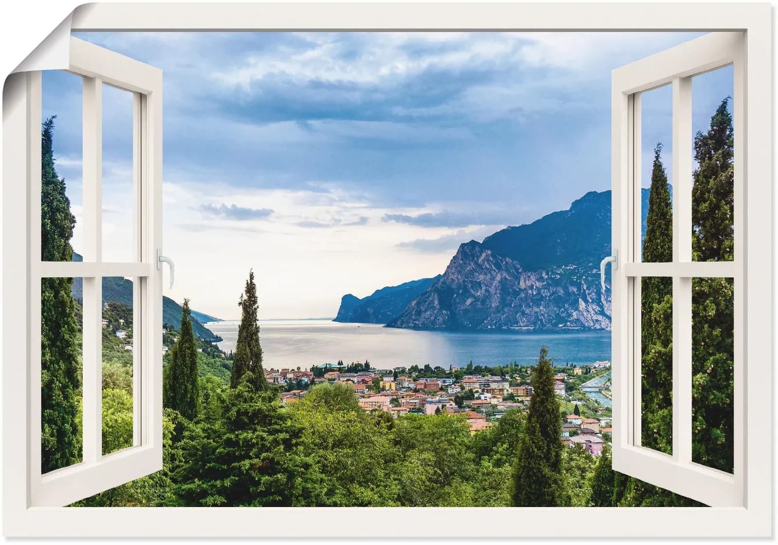 Wandbild Gardasee durchs weiße Fenster Grün Leinwandbild