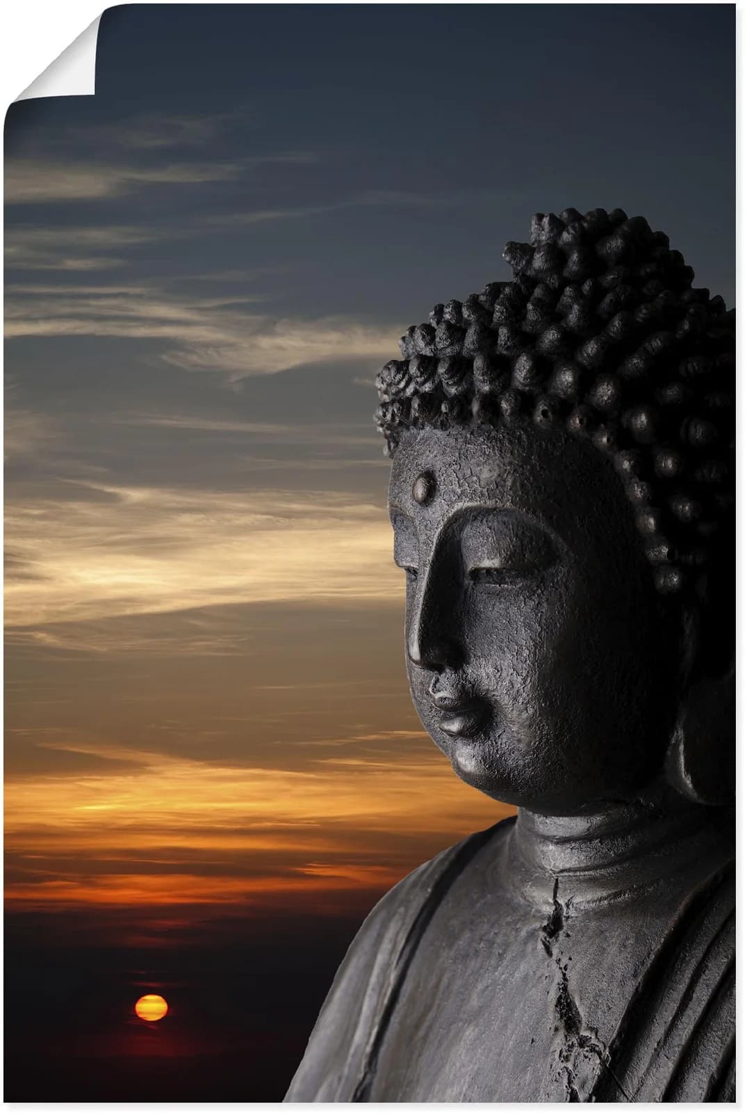 ARTLAND Poster Buddha Statue vor Sonnenuntergang Schwarz 60x90 cm