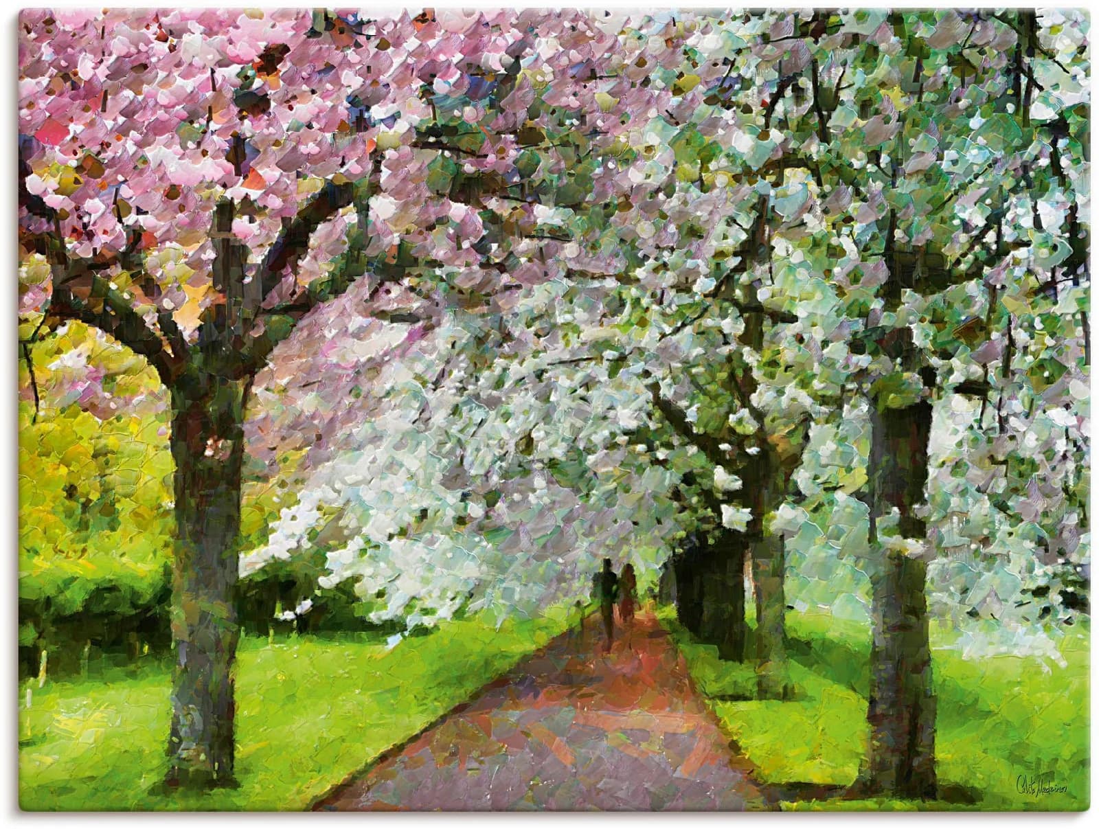 ARTLAND Leinwandbild Blühende Kirschen Beige Querformat