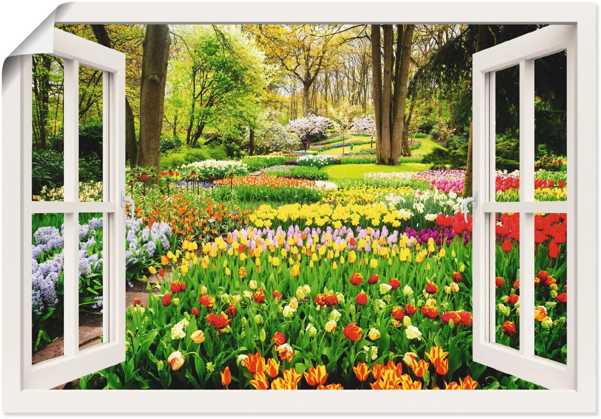 Artland Wandbild Fensterblick Tulpen Garten Frühling Bunt