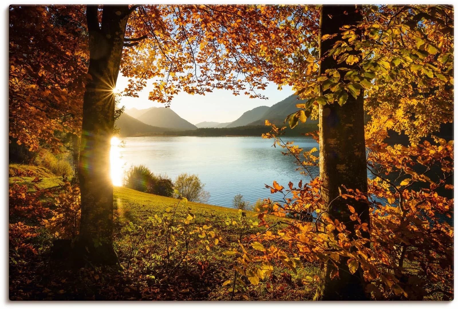 ARTLAND Leinwandbild Herbst am Sylvensteinsee Orange 90x60 cm