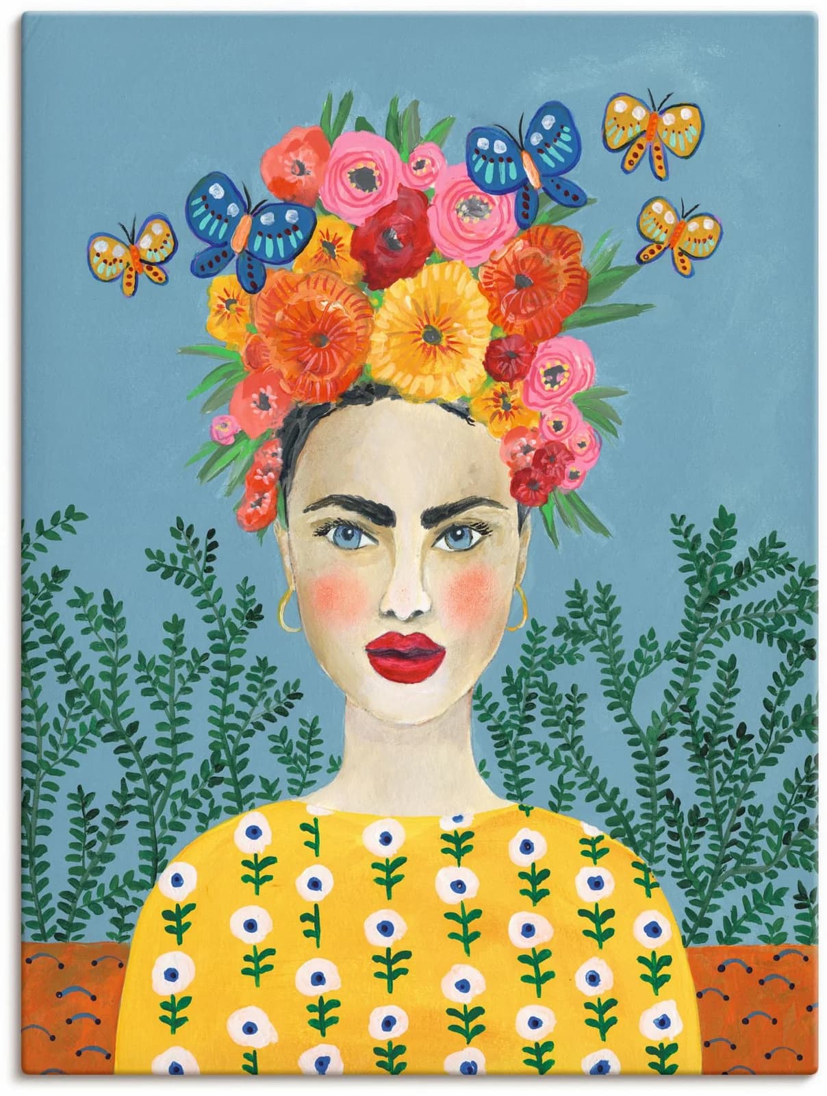 ARTLAND Leinwandbild Frida-Kopfschmuck I Bunt auf Holzrahmen