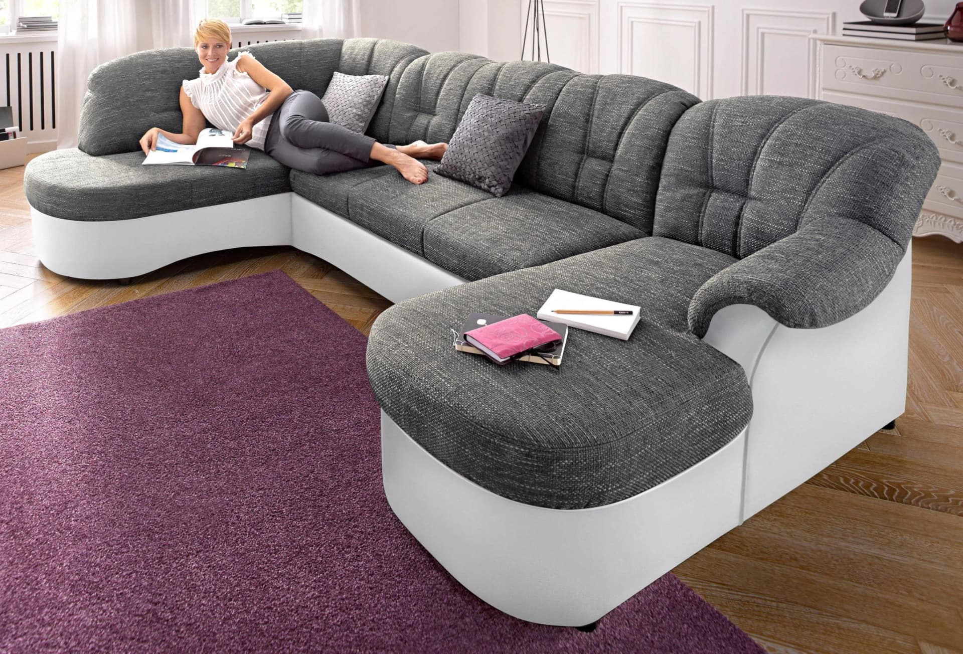DOMO COLLECTION Flores Wohnlandschaft U-Form Weiß Grau
