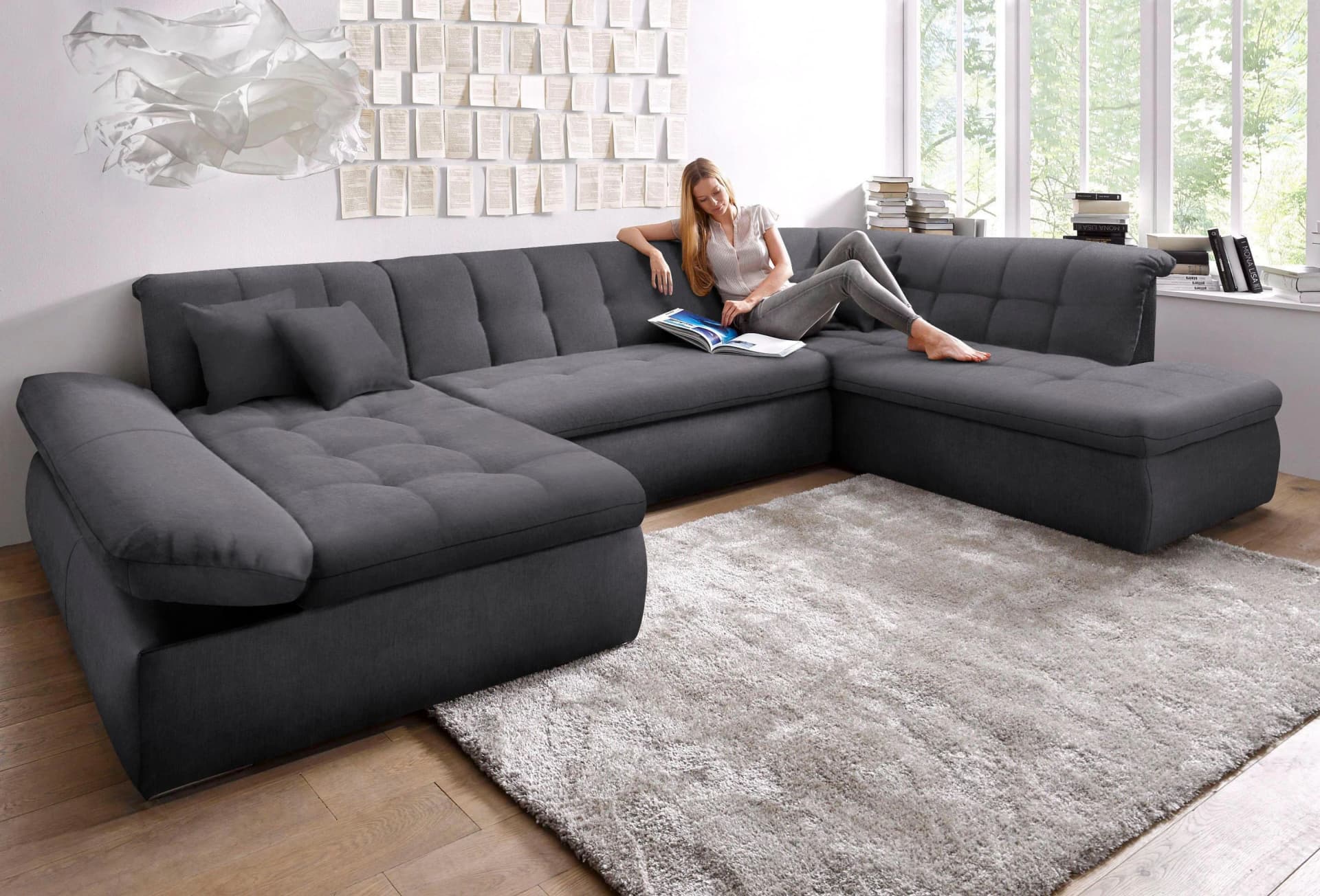 DOMO COLLECTION Wohnlandschaft NMoric Grau XXL mit Bettfunktion