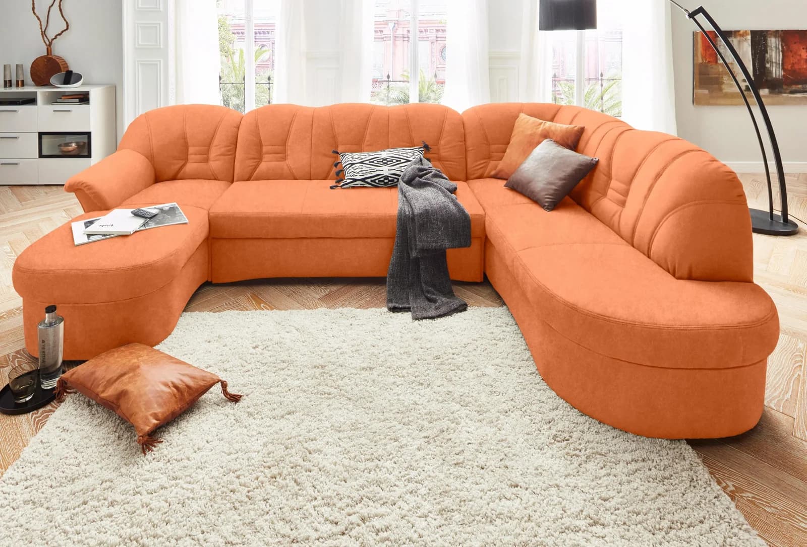 DOMO COLLECTION Elva Wohnlandschaft U-Form Terrakotta mit Bettfunktion