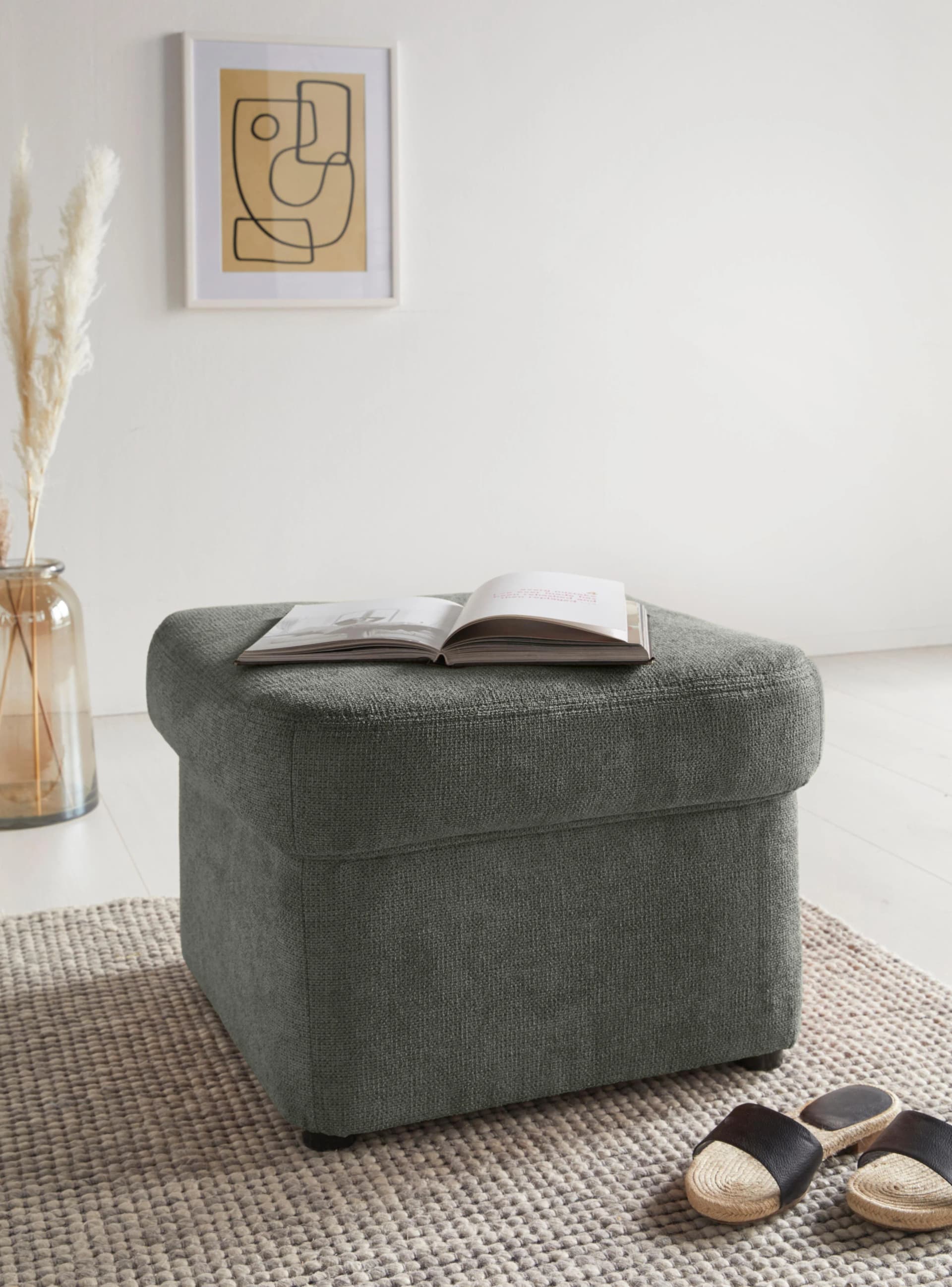 DOMO COLLECTION Papenburg Polsterhocker Dunkelgrün Chenille-Optik