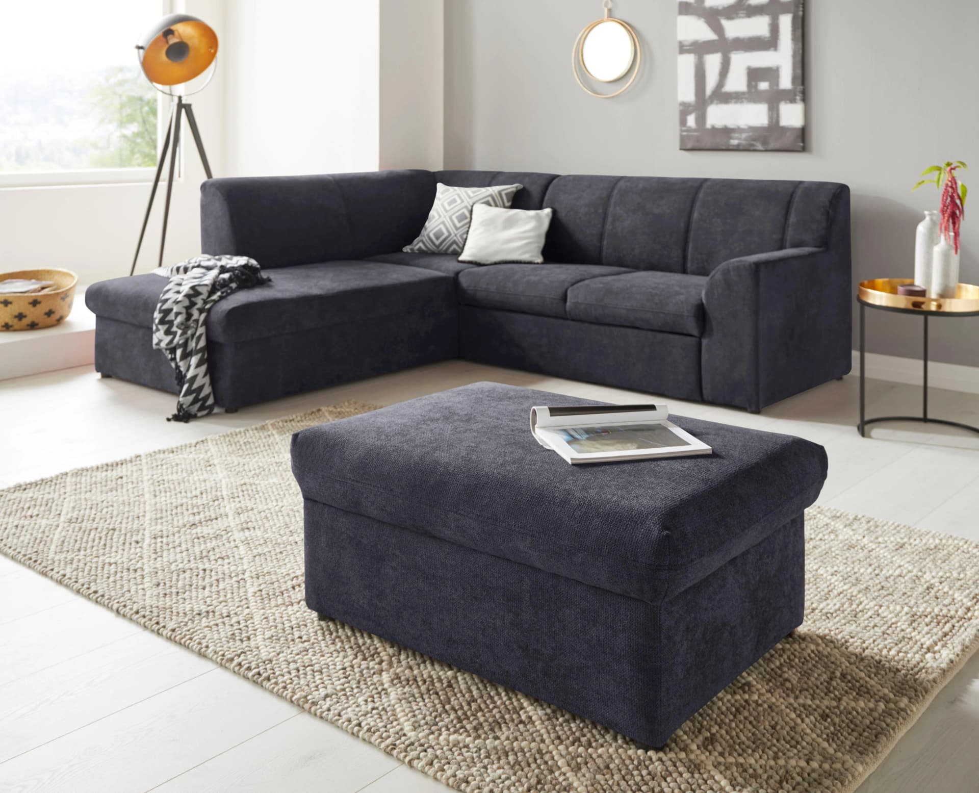 DOMO COLLECTION Hocker Topper Dunkelblau mit Wellenunterfederung