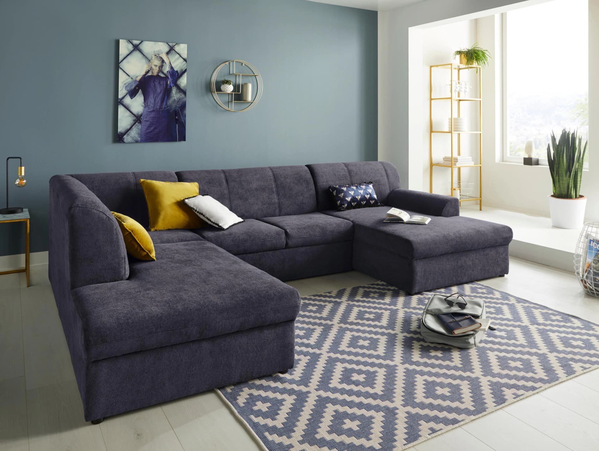 DOMO COLLECTION Wohnlandschaft Topper U-Form Dunkelblau Chenille-Optik