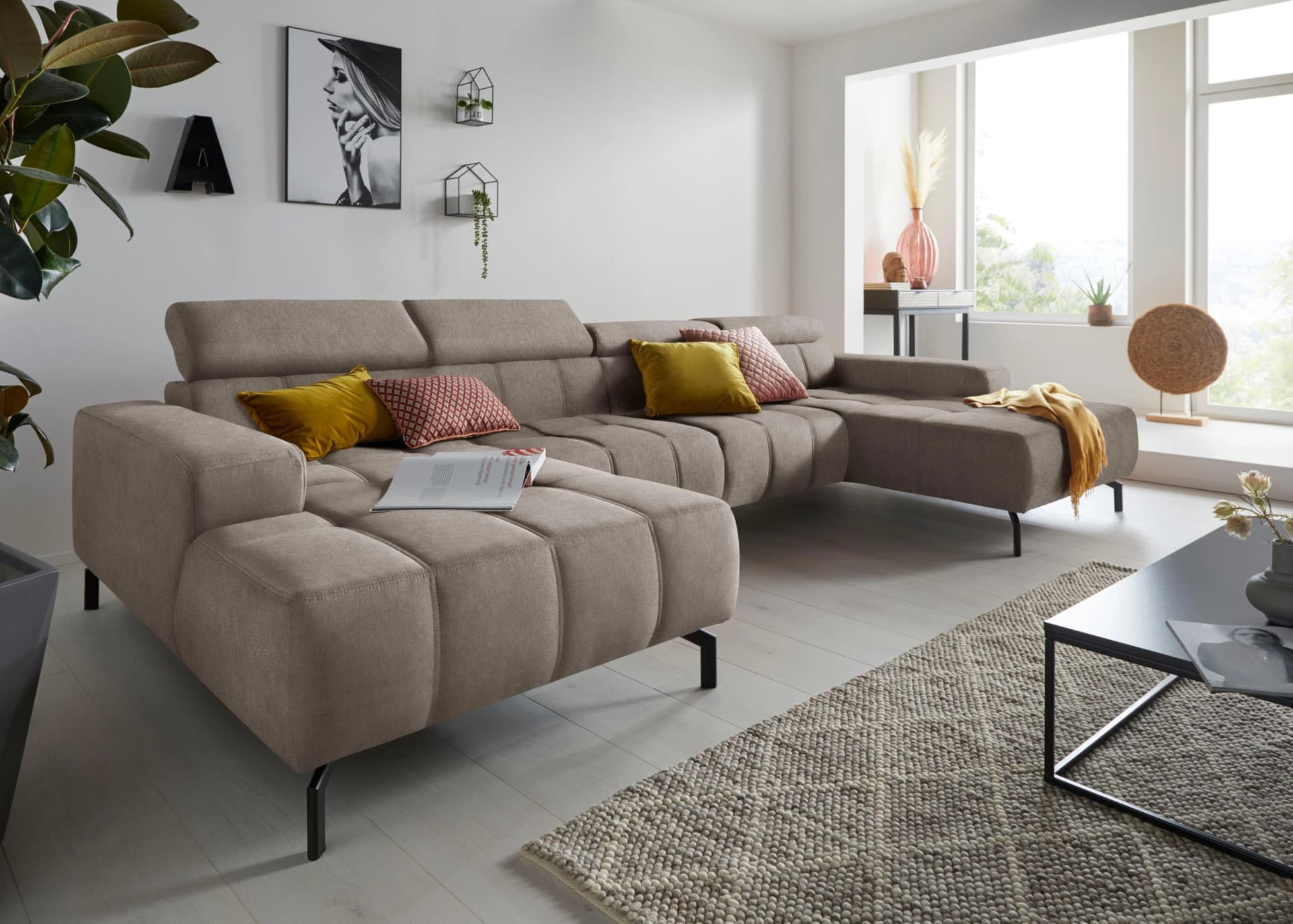 DOMO COLLECTION Wohnlandschaft Cunelli U-Form Braun mit Kopfteilverstellung