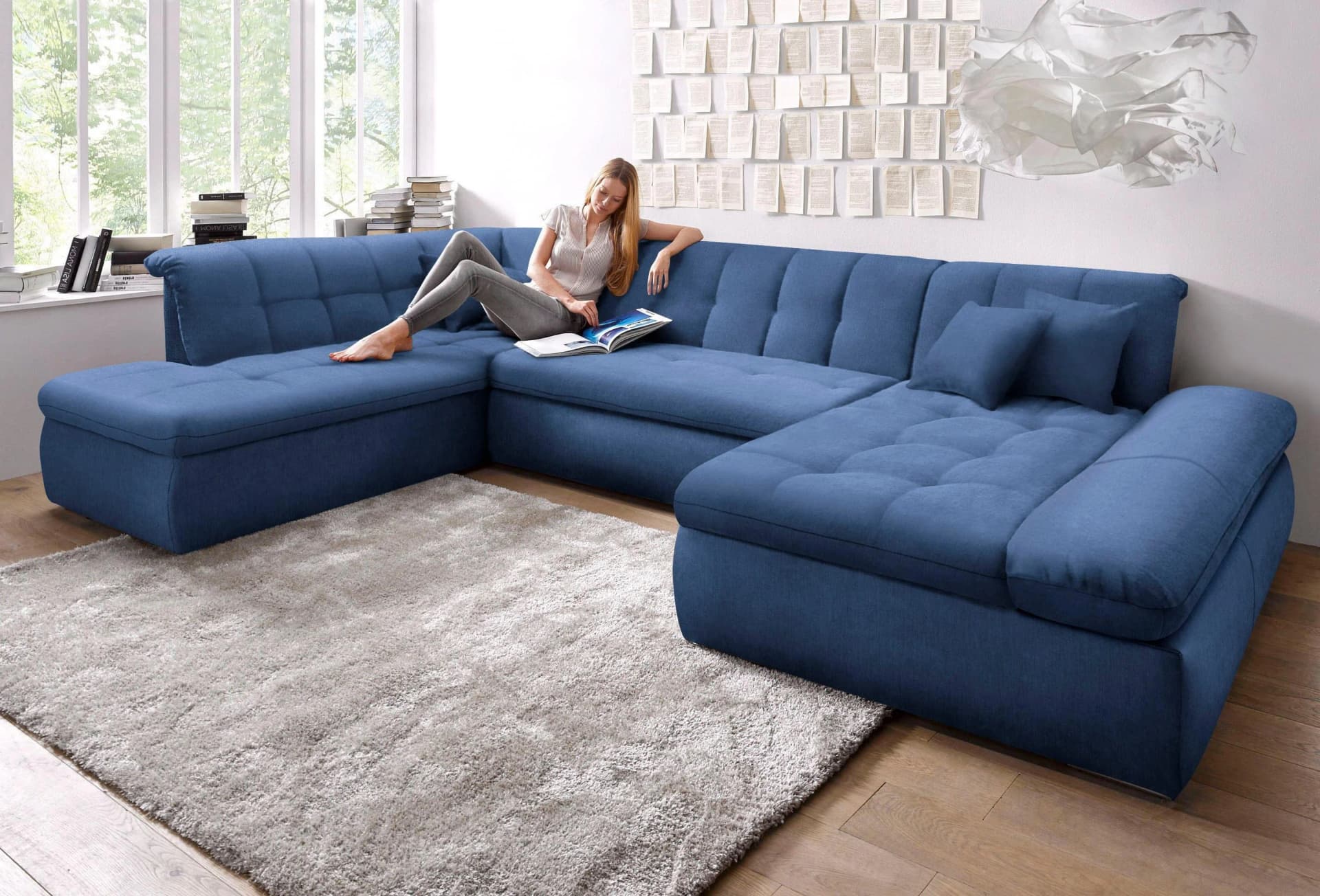 DOMO COLLECTION Wohnlandschaft Moric Luxus U-Form Blau Chenille