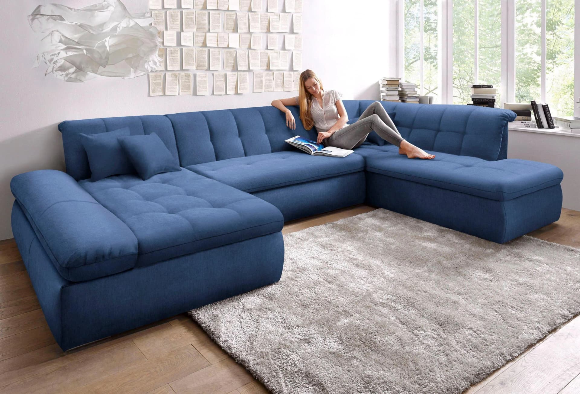 DOMO COLLECTION Moric Luxus Wohnlandschaft U-Form Blau Chenille