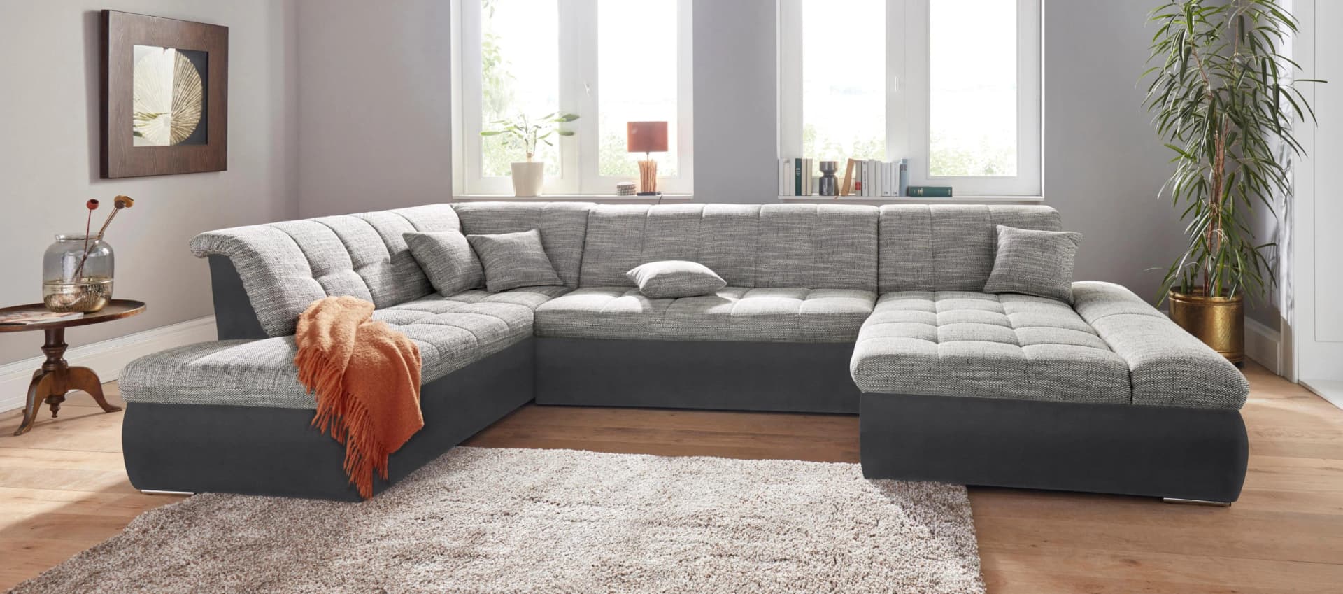 DOMO COLLECTION Wohnlandschaft Moric Luxus U-Form Schwarz/Weiß-Grau