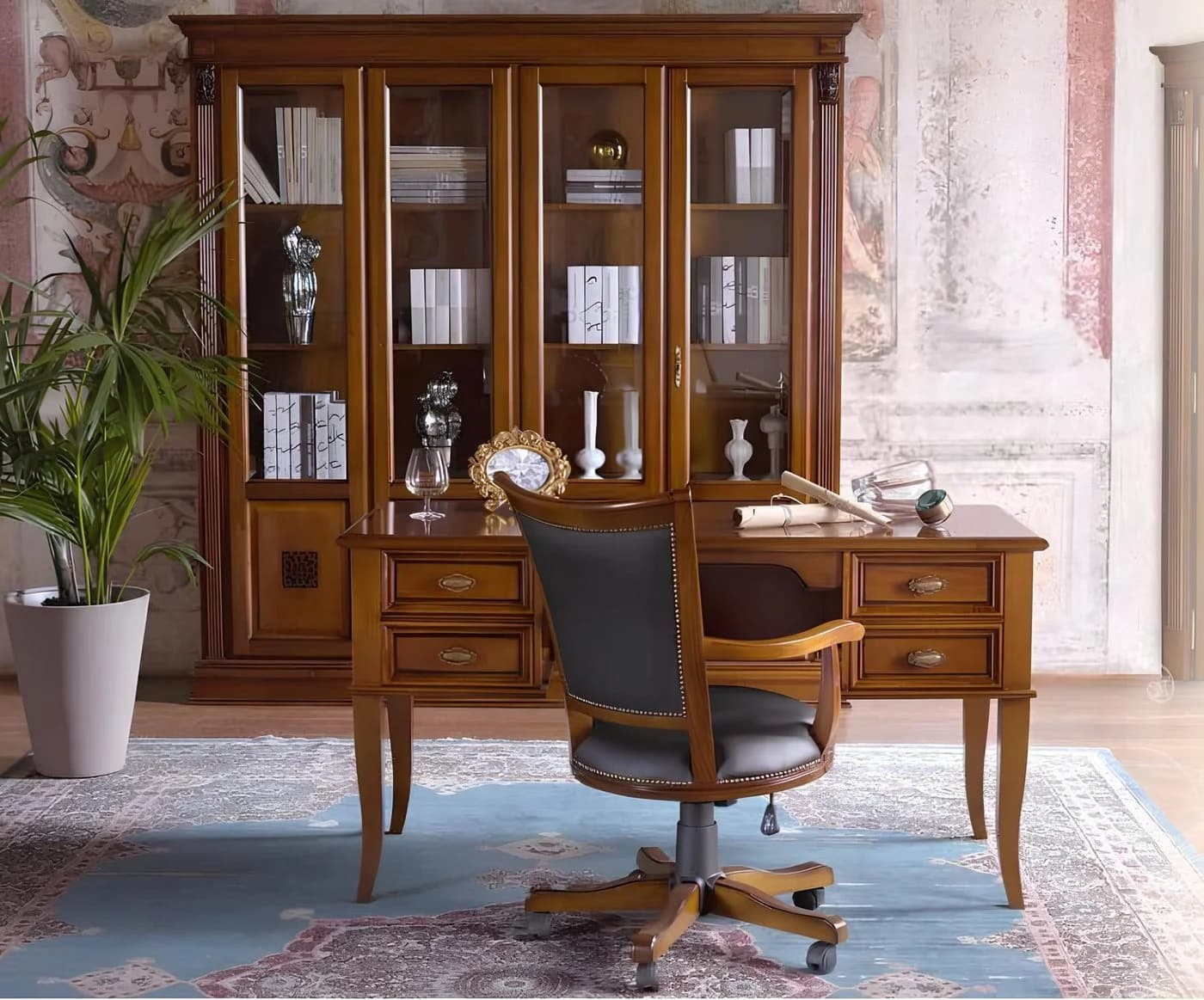 JVmoebel Bürostuhl Leder Barockstil Grau Massivholz